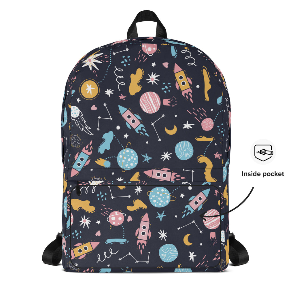 Kids outer space backpack navy blue with colorful pastel rockets planets stars and moons pattern for school use
