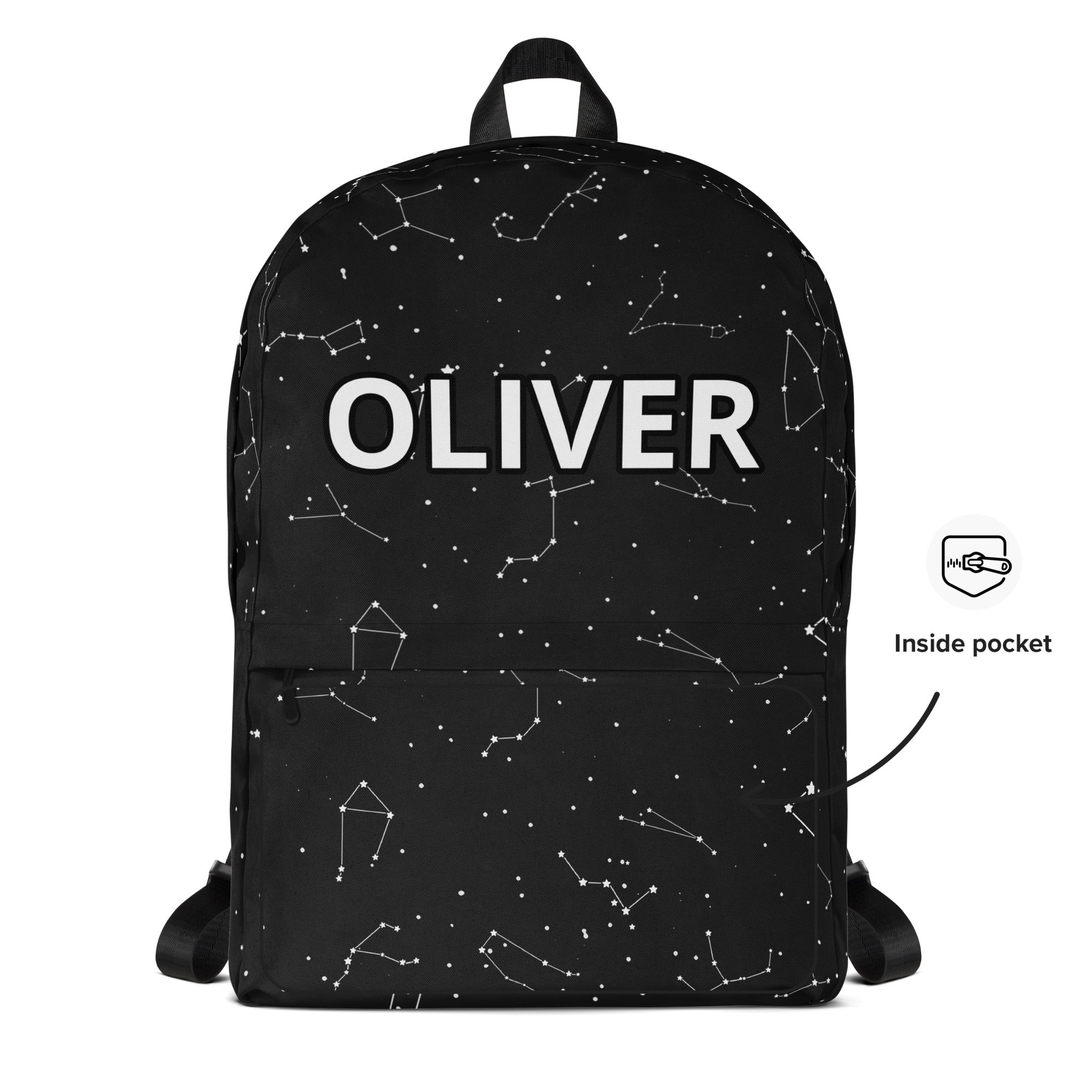 Kids custom name realistic constellations backpack black with white star patterns and oliver name in bold letters