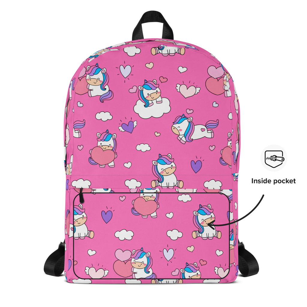 Pink girls unicorn hearts backpack with playful cartoon unicorns hearts and clouds pattern in white purple and blue