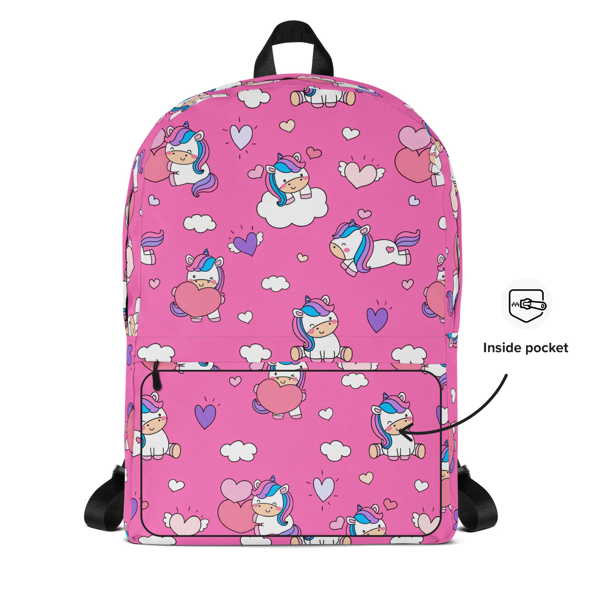 Pink girls unicorn hearts backpack with playful cartoon unicorns hearts and clouds pattern in white purple and blue