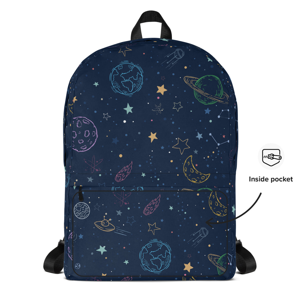 A navy blue kids colorful galaxy space backpack with a whimsical pastel hand-drawn planets and rockets design