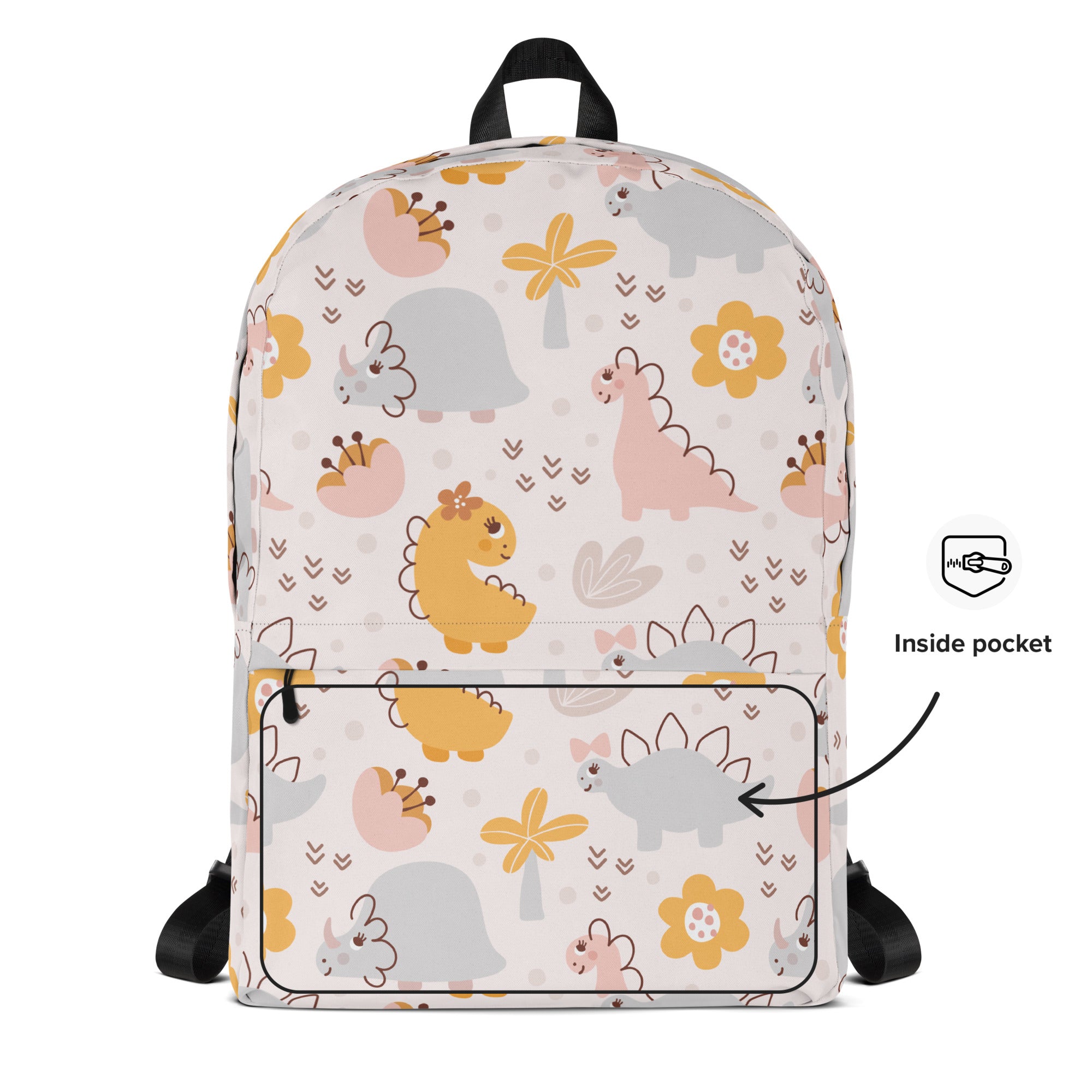 Girls floral dinosaur backpack with pastel cartoon dinosaurs flowers and palm trees on light cream fabric