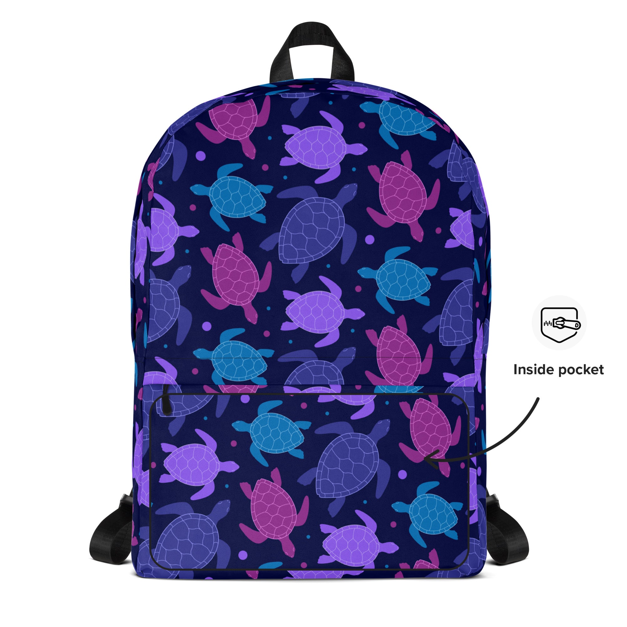 Girls purple sea turtle backpack in navy blue with vibrant purple pink and teal stylized sea turtle pattern