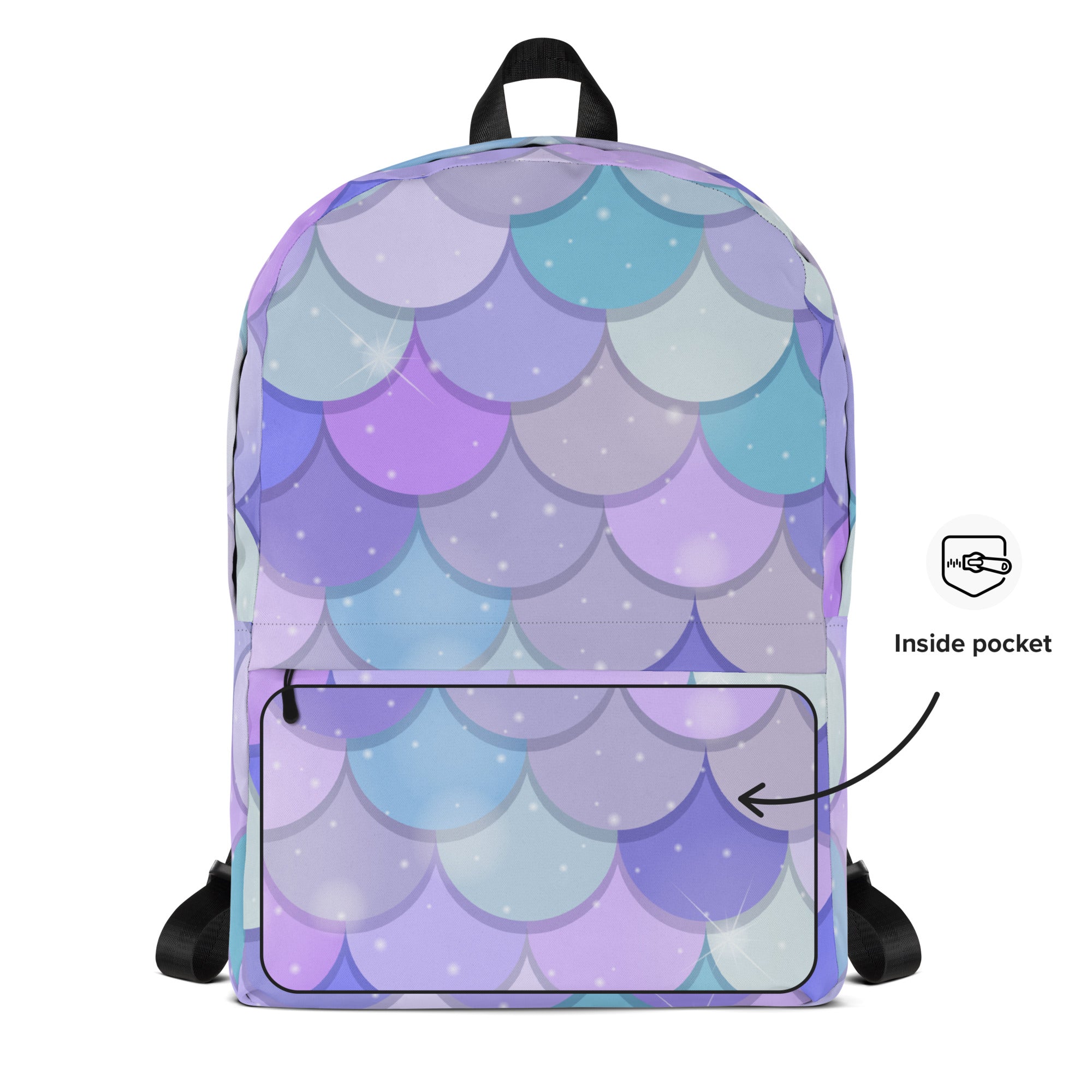 Girls purple mermaid backpack with vibrant purple and blue mermaid scale pattern and subtle glittery finish