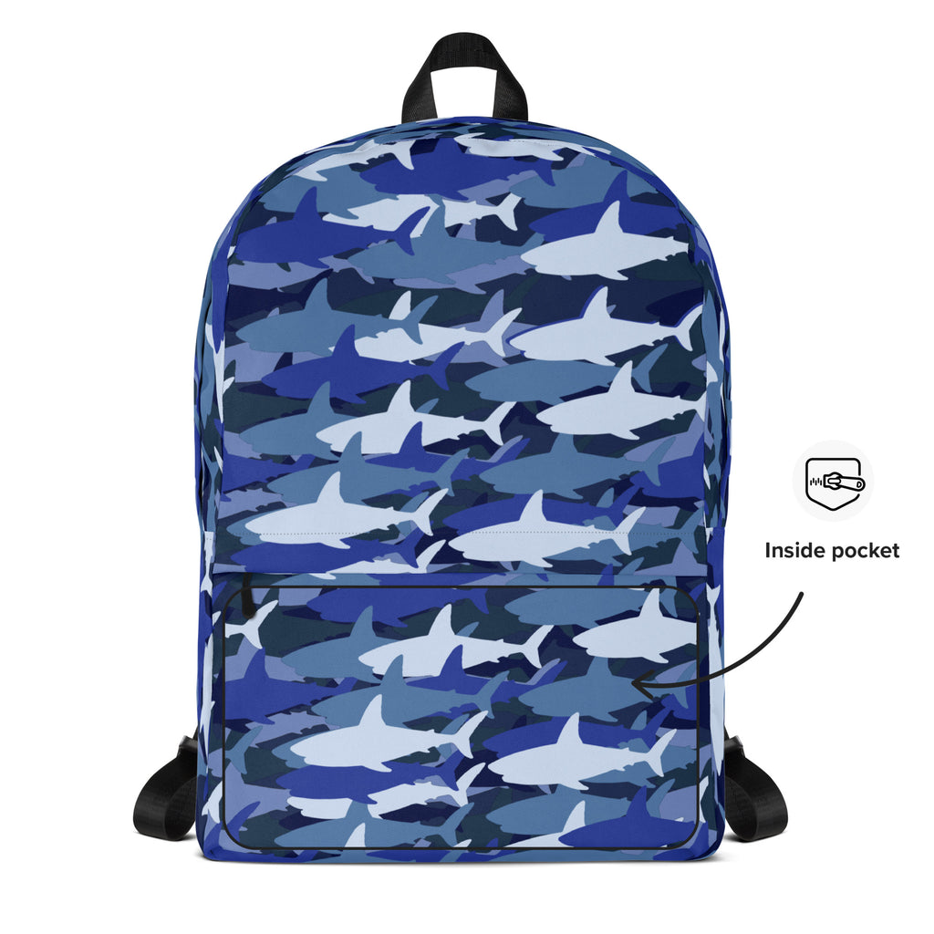 Kids blue sharks backpack with blue and white shark camouflage pattern and black adjustable straps