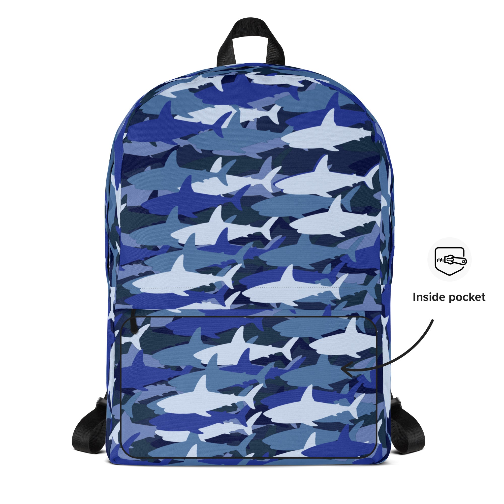 Kids blue sharks backpack with blue and white shark camouflage pattern and black adjustable straps