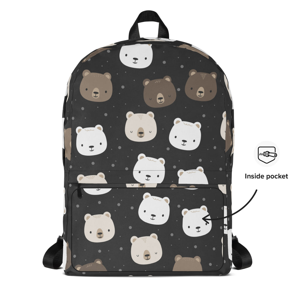 Black kids bear faces backpack with playful white beige and brown cartoon bear pattern on dark fabric with dot accents