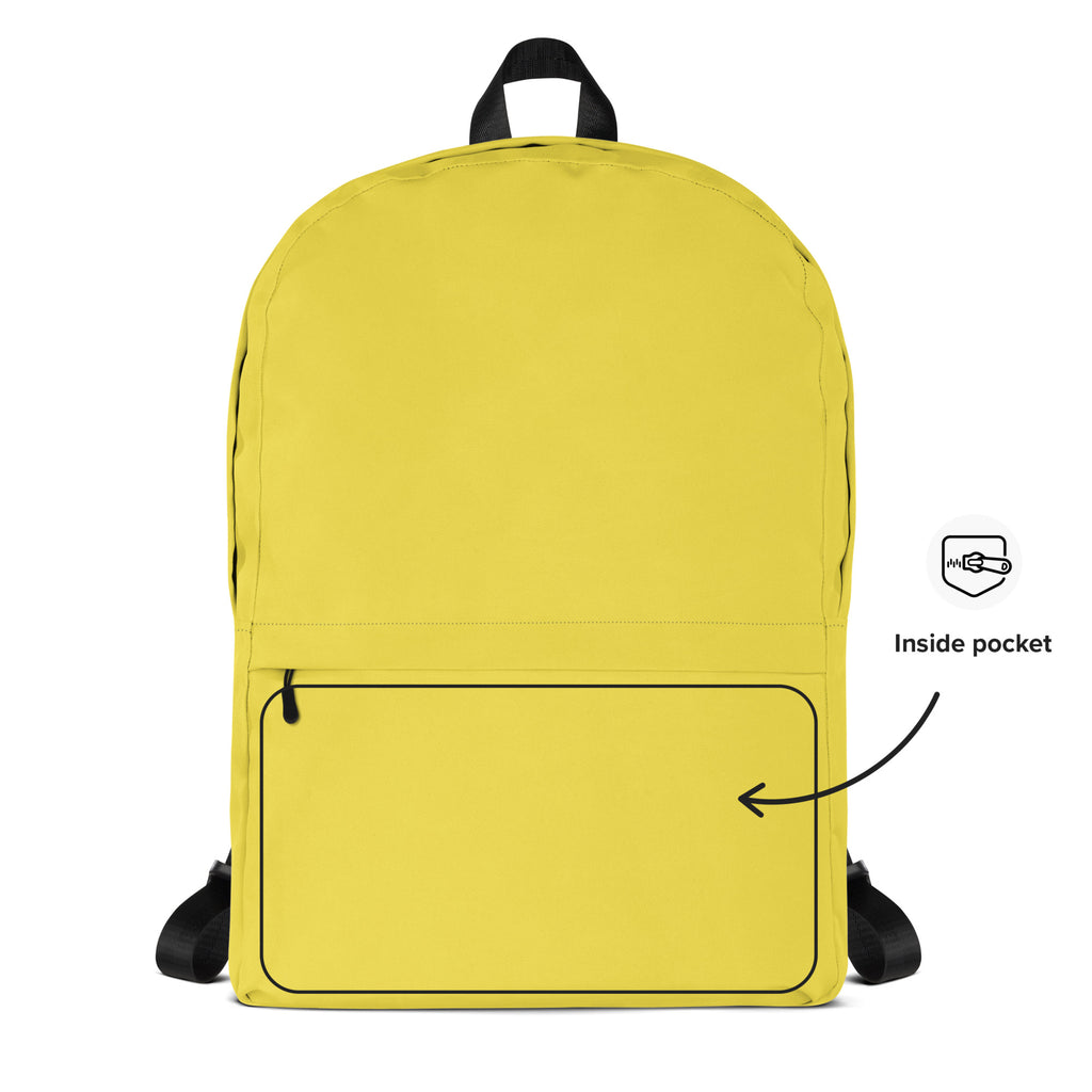 Kids yellow backpack with bright yellow fabric black straps top handle and front zippered pocket for school use