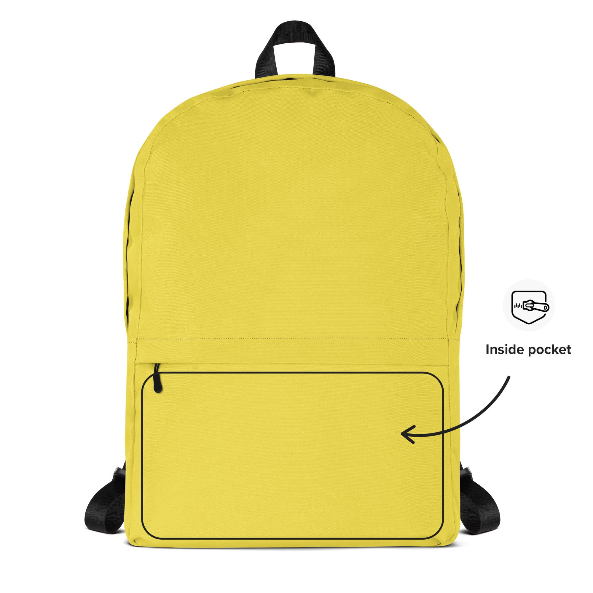 Kids yellow backpack with bright yellow fabric black straps top handle and front zippered pocket for school use
