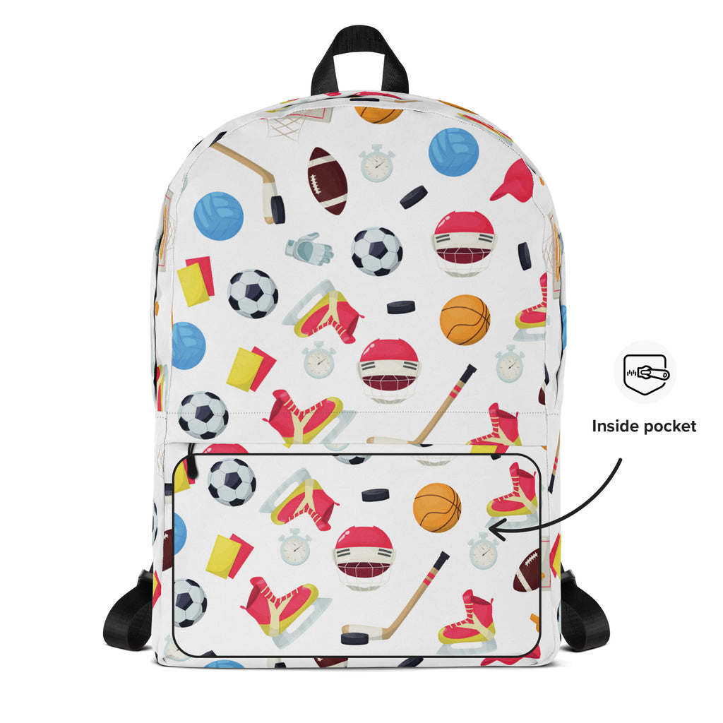 White kids sports themed backpack with colorful soccer balls hockey sticks and red sneakers pattern on white background