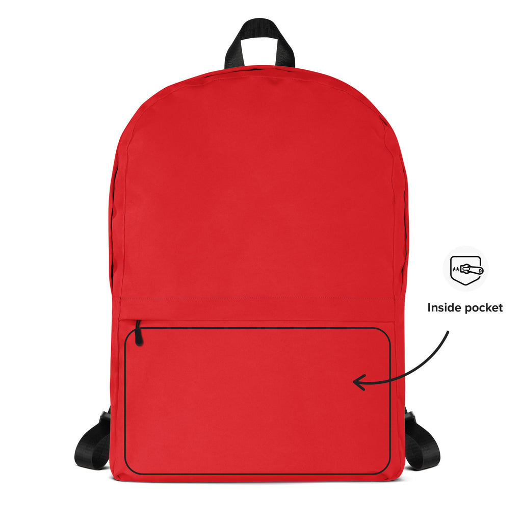 Kids red backpack with black straps and top handle featuring a front zippered pocket for easy storage