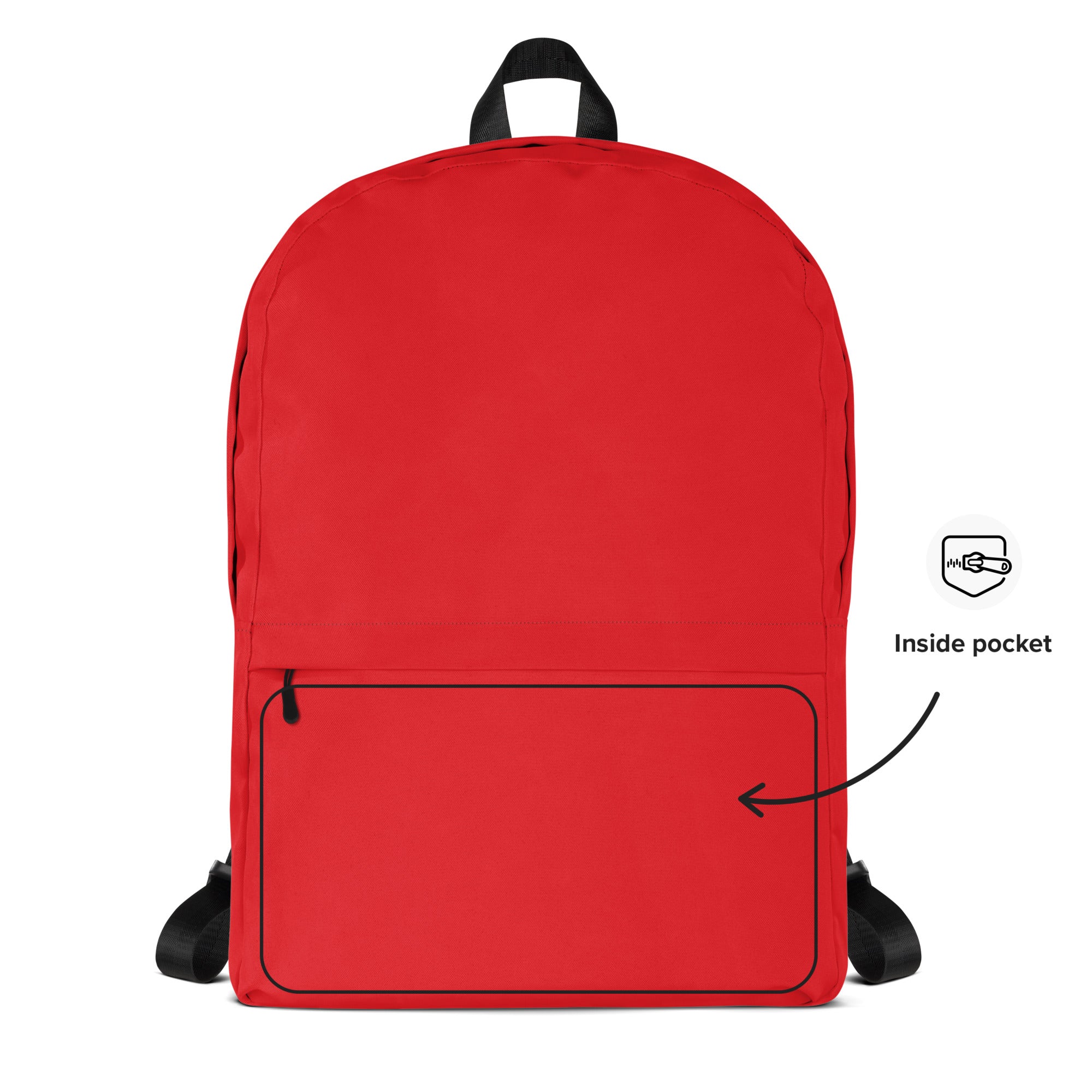 Kids red backpack with black straps and top handle featuring a front zippered pocket for easy storage