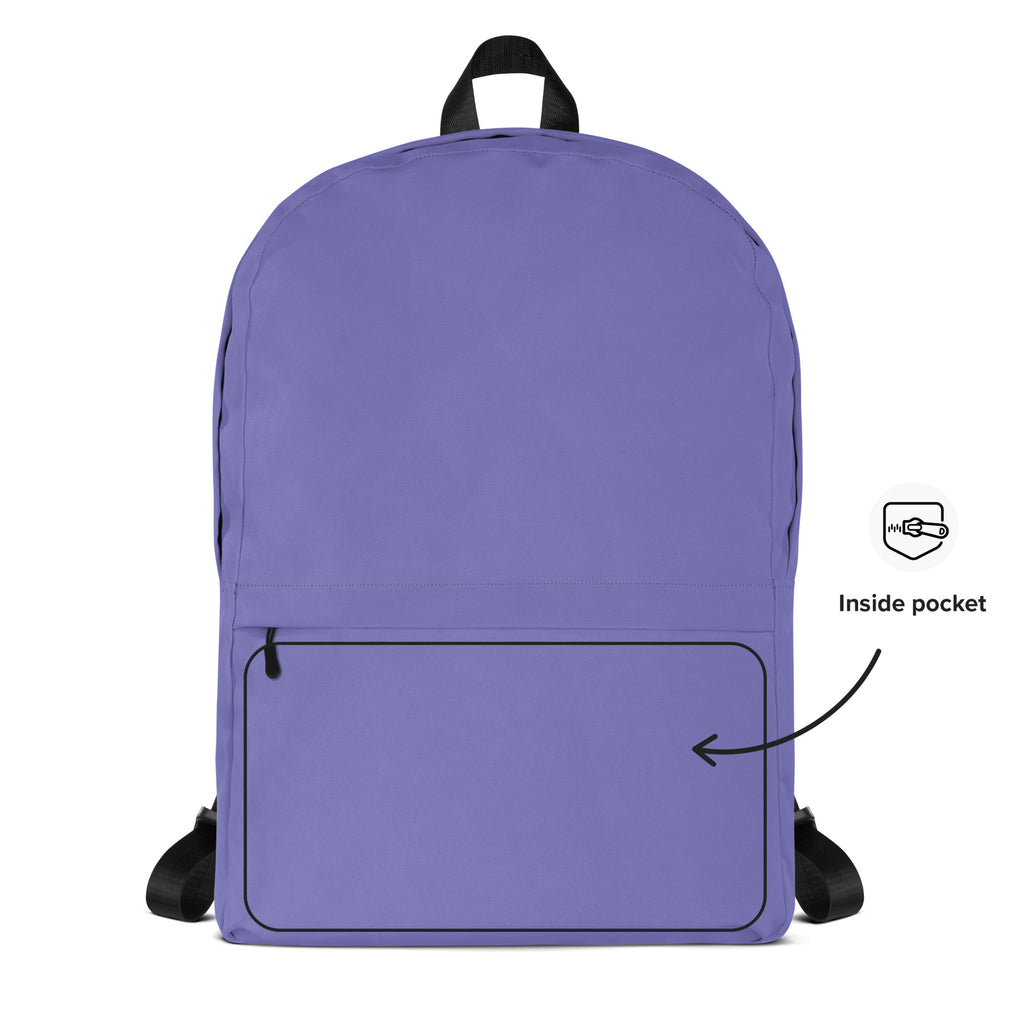 Girls purple backpack with solid lavender color black straps top handle and inside pocket for school or travel use