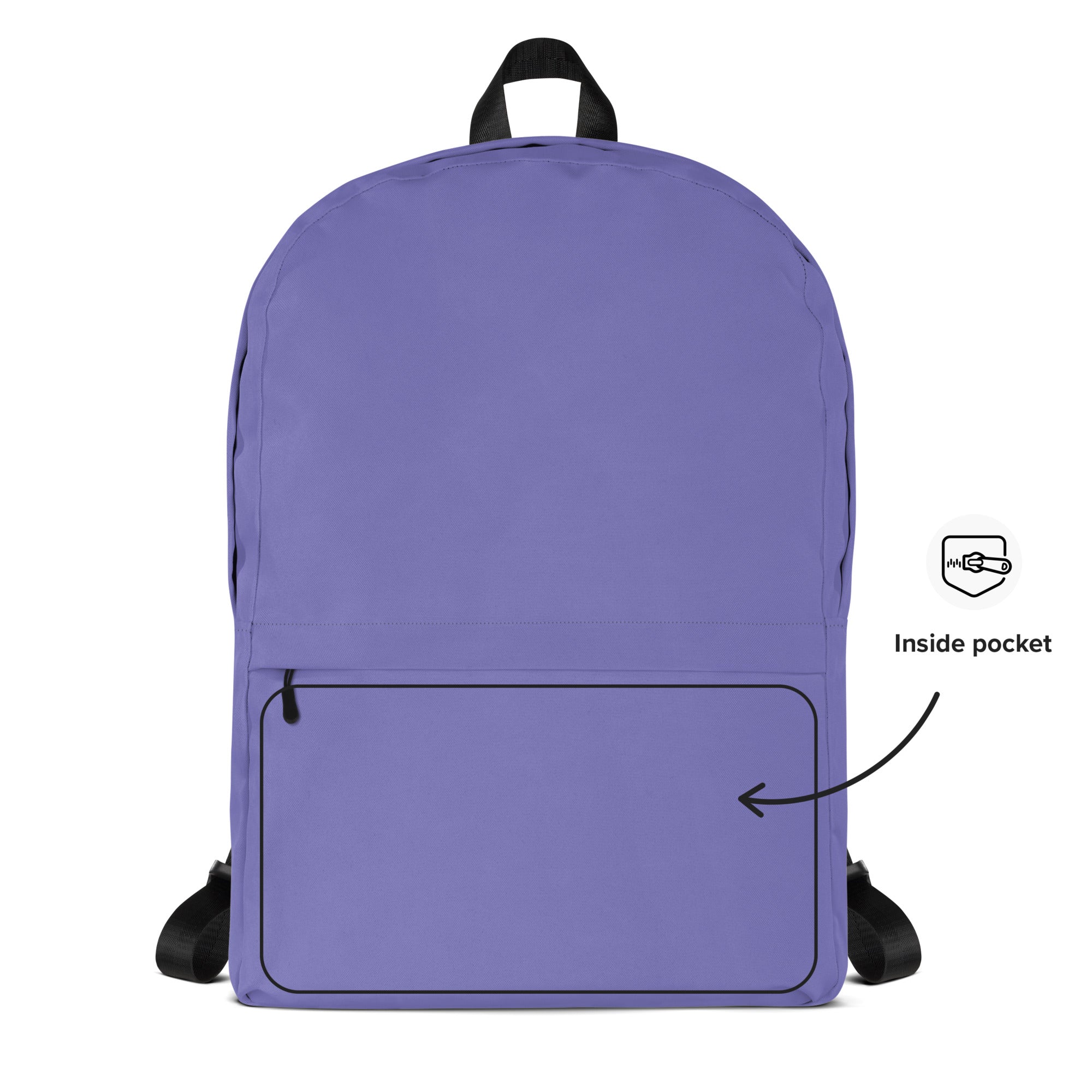 Girls purple backpack with solid lavender color black straps top handle and inside pocket for school or travel use