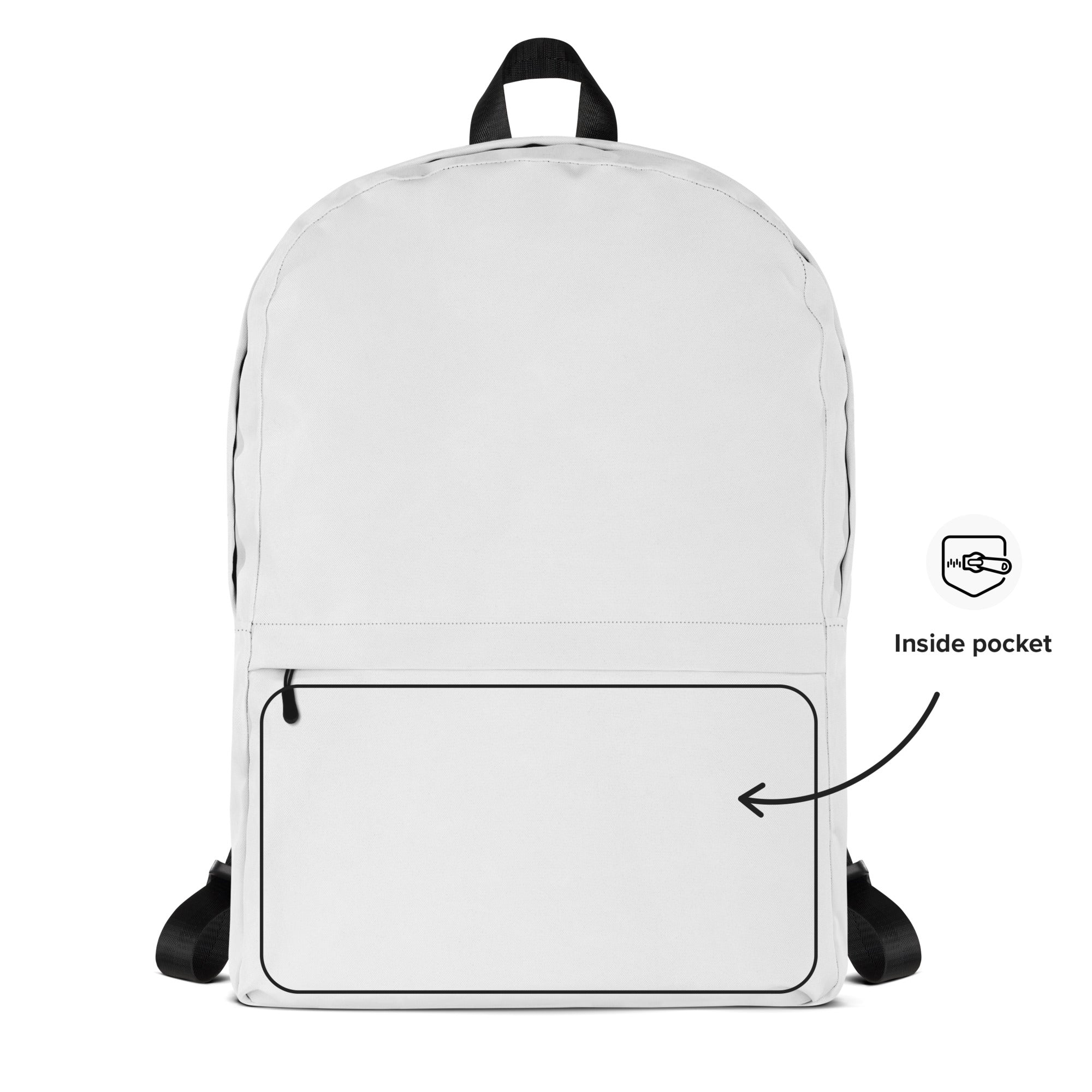 Kids white canvas backpack with black straps and top handle featuring a front zippered pocket
