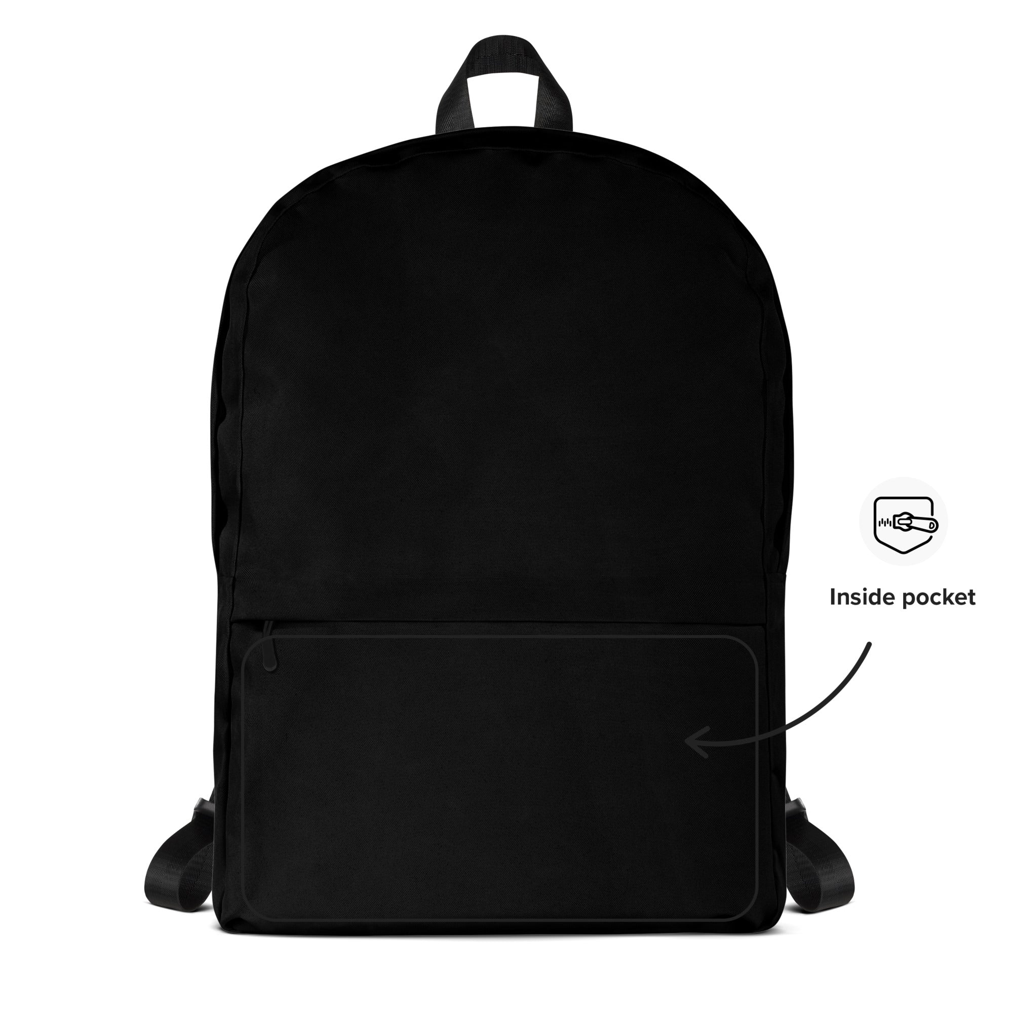 Kids black nylon backpack with front zippered pocket and adjustable shoulder straps for easy carrying