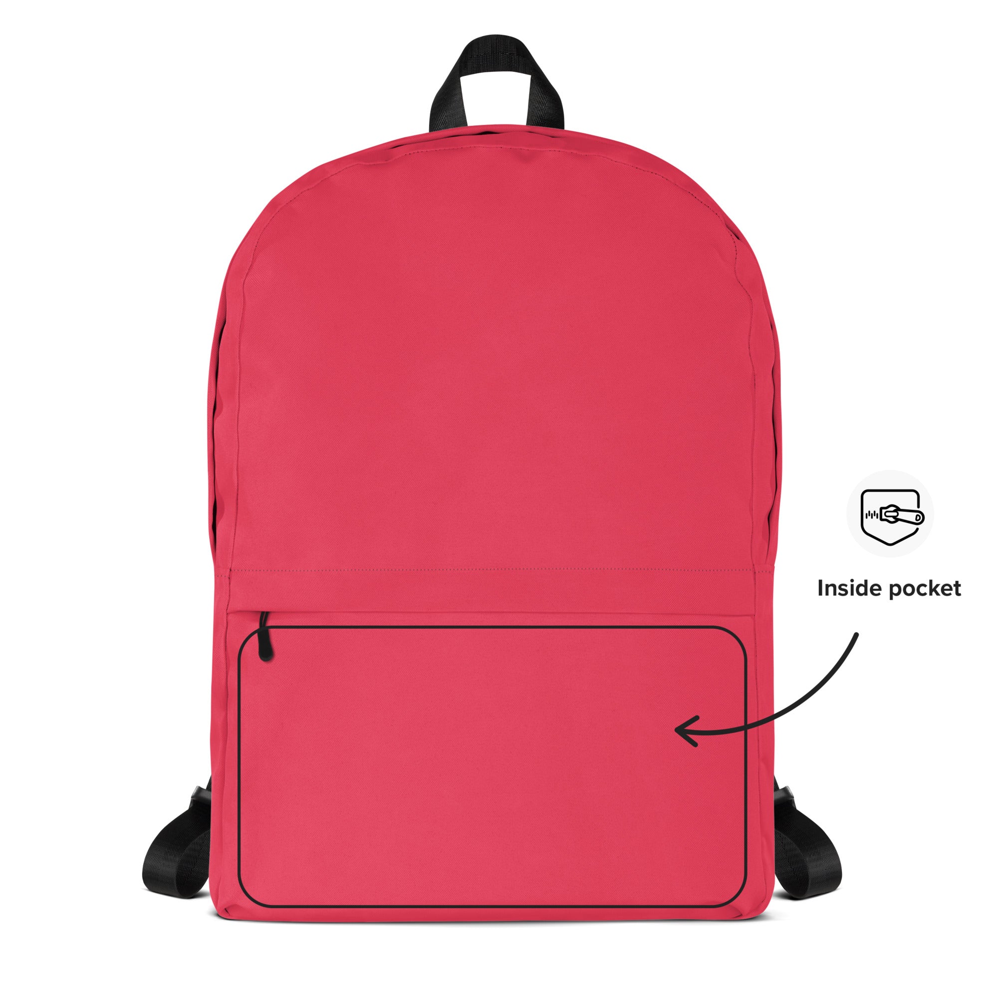 Girls pink backpack featuring a vibrant red minimalist design with black straps and a top handle for easy carrying