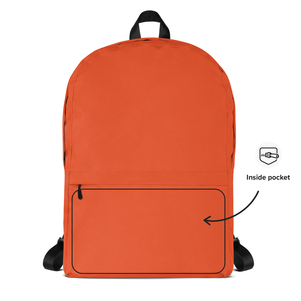 Kids orange backpack with black straps and top handle featuring a front zippered pocket for easy access