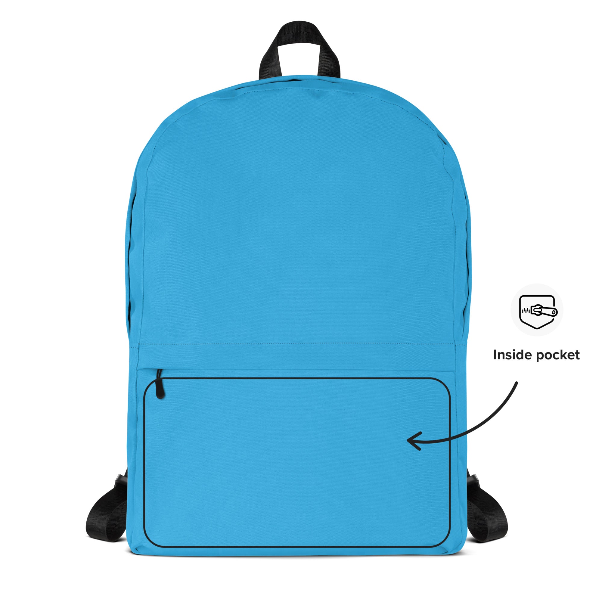 Kids sky blue backpack with bright blue fabric black straps top handle and front zippered pocket for school use