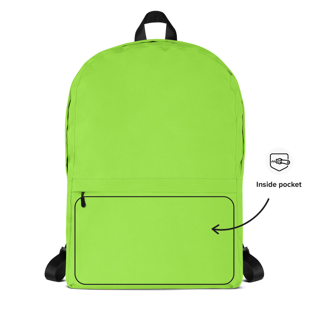 Kids lime green backpack with black straps and top handle featuring a front zippered pocket for easy storage