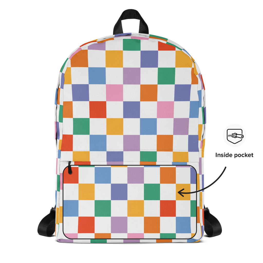 Kids rainbow checkerboard backpack with vibrant rainbow checkered pattern black straps and handle for school use