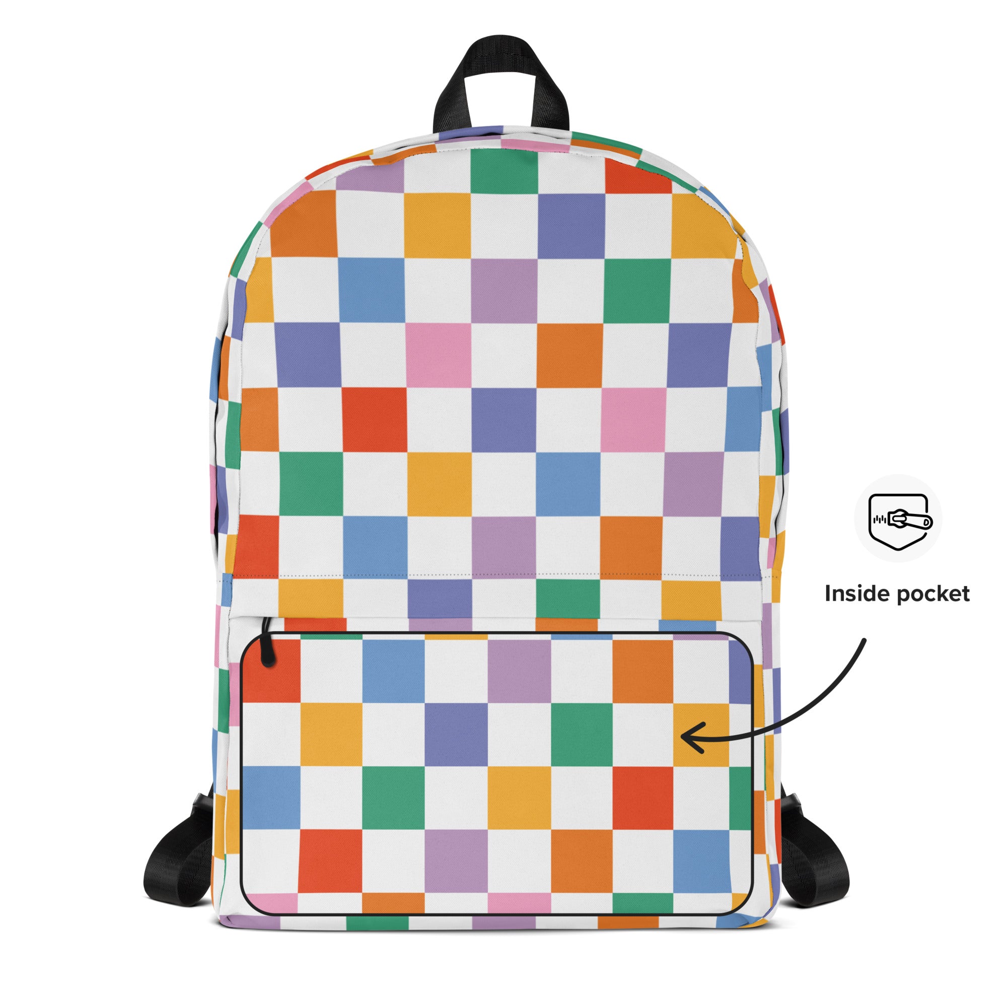 Kids rainbow checkerboard backpack with vibrant rainbow checkered pattern black straps and handle for school use