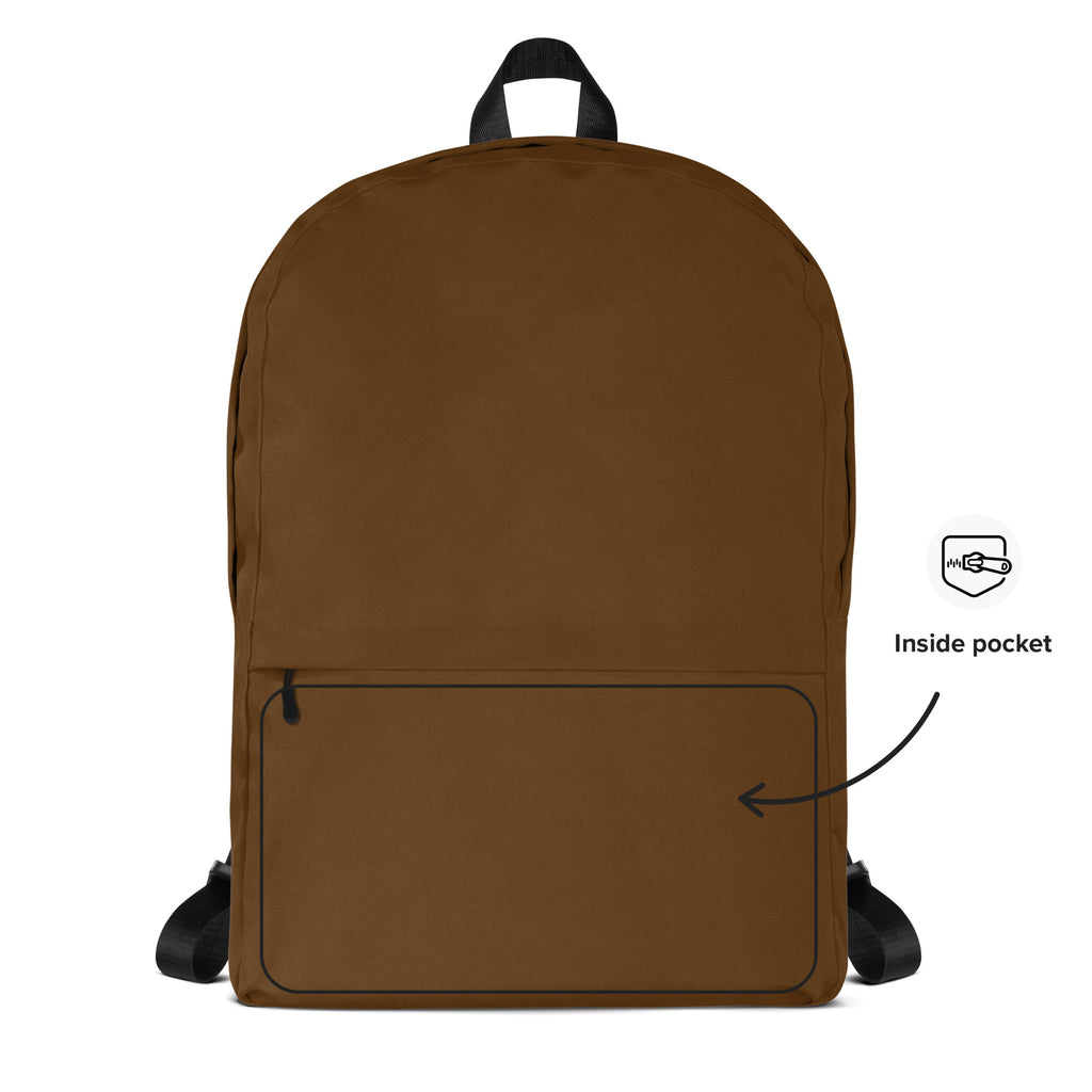 Kids brown backpack made of canvas with black straps top handle and a front zippered pocket for storage