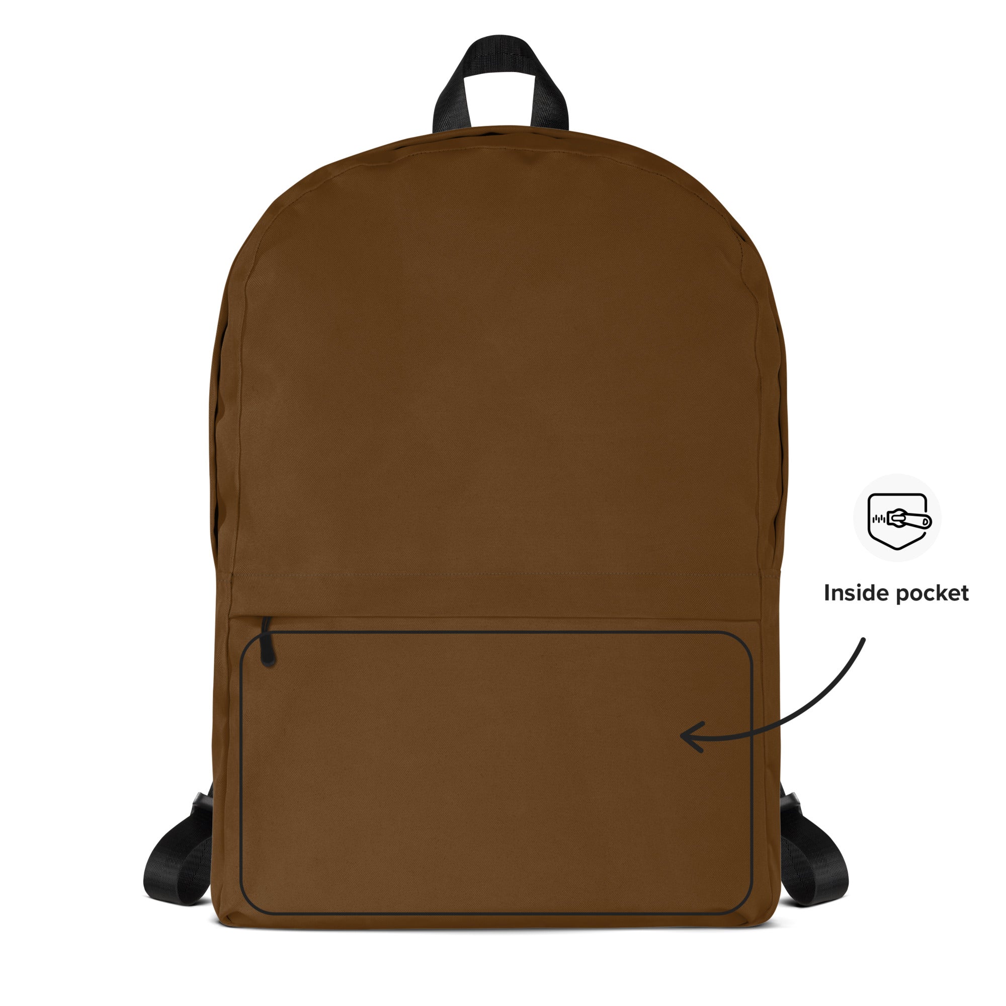 Kids brown backpack made of canvas with black straps top handle and a front zippered pocket for storage
