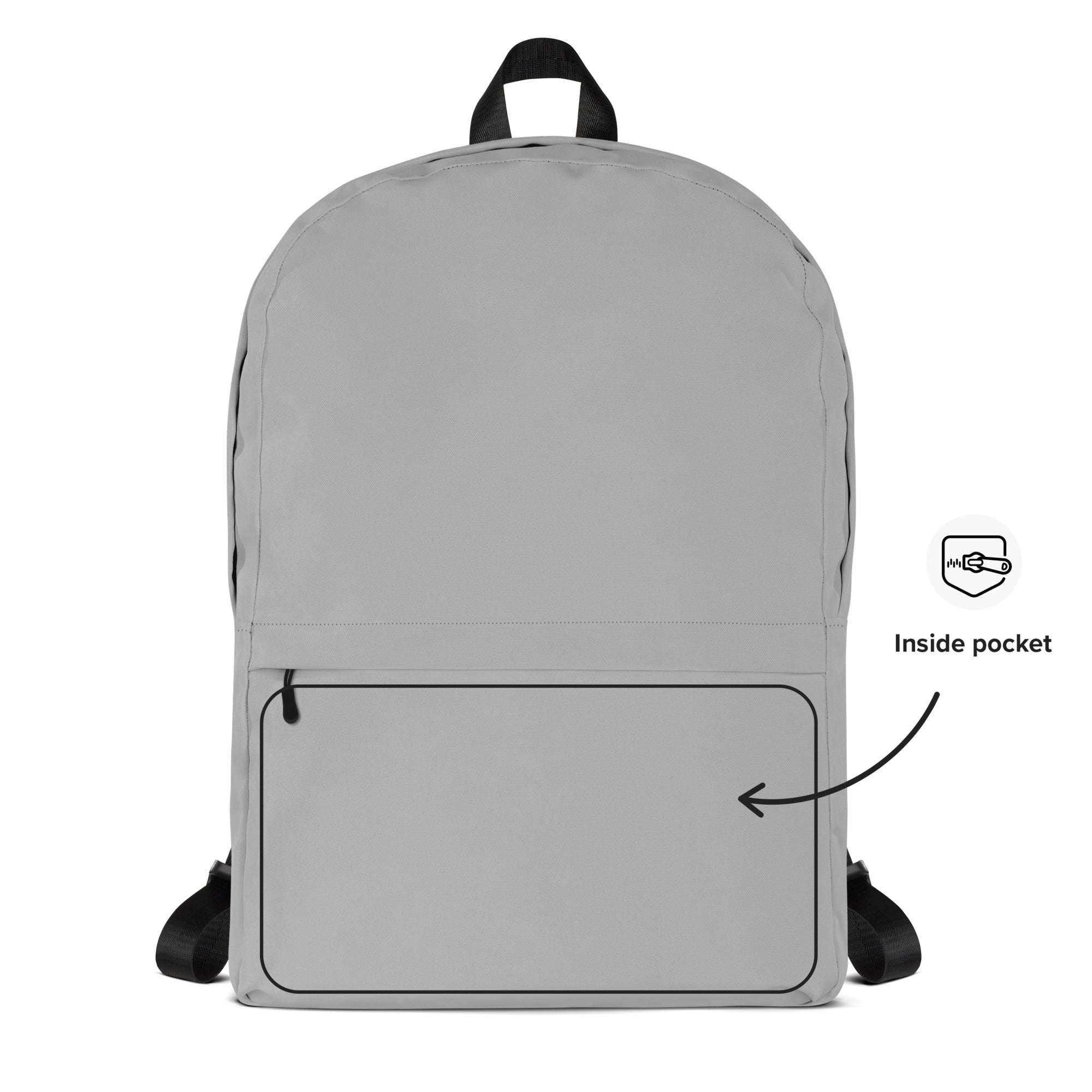 Kids gray backpack with black straps and top handle featuring an inside pocket diagram for organized storage