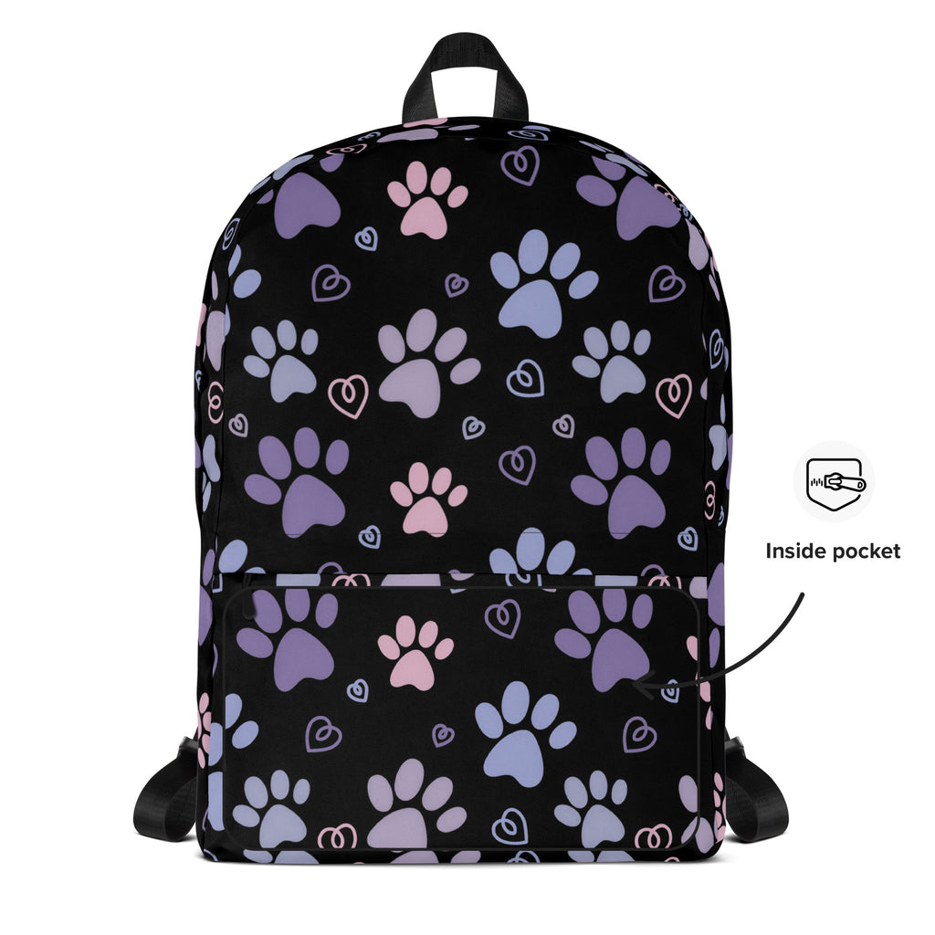 Girls Black Paw Print Backpack - Water-Resistant School Bag With Adjustable Padded Straps & Breathable Mesh Back