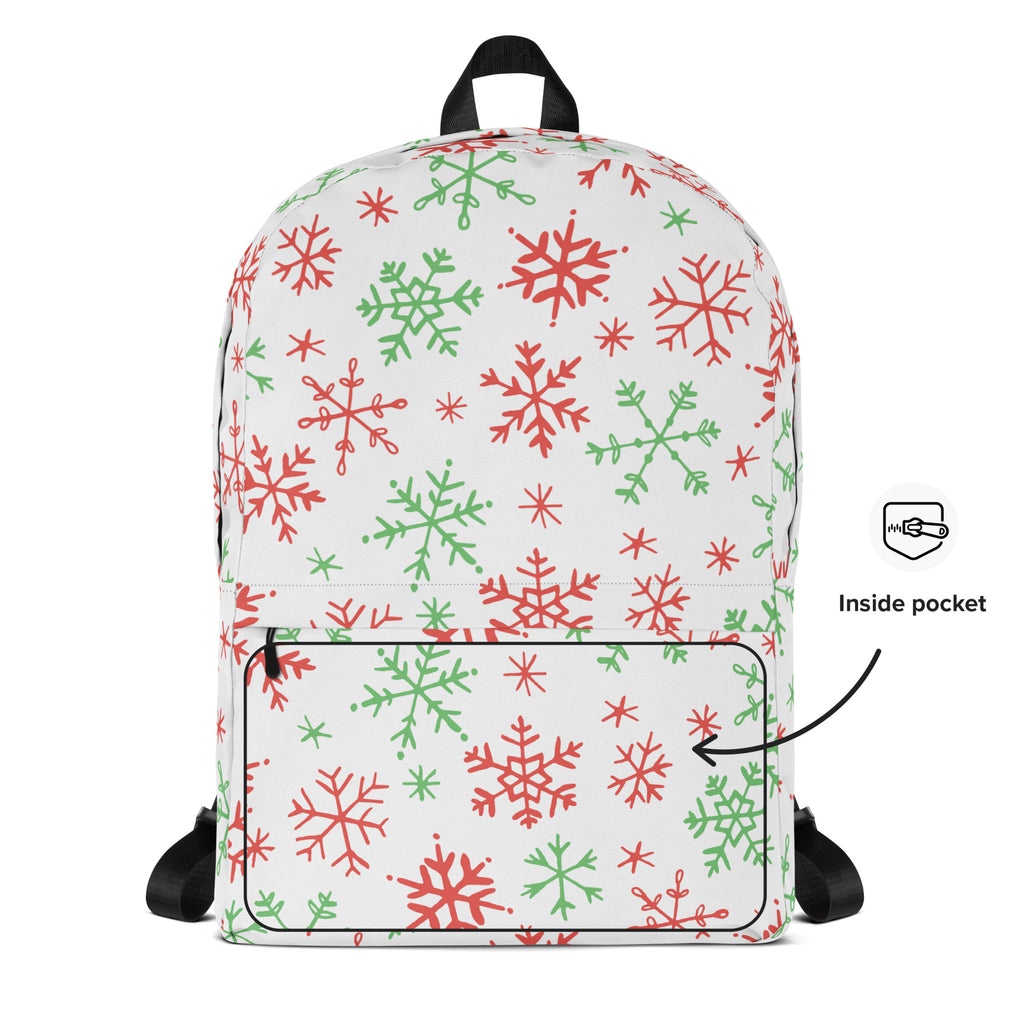 Kids Red and Green Holiday Snowflake Backpack - Water-Resistant School Bag With Adjustable Padded Straps & Breathable Mesh Back