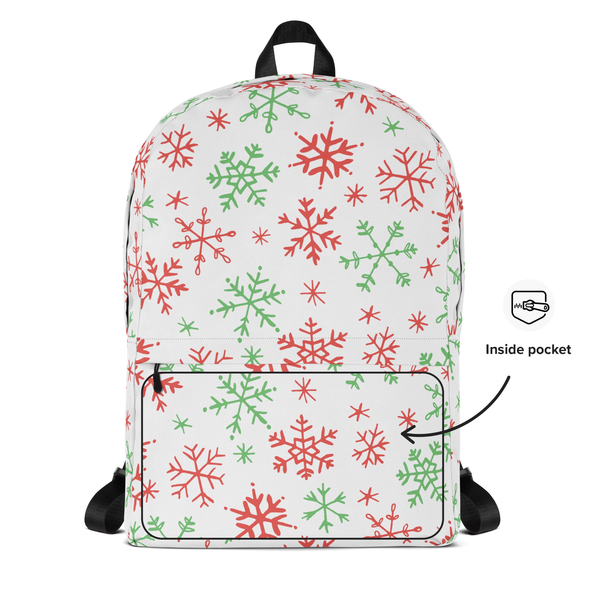 Kids Red and Green Holiday Snowflake Backpack - Water-Resistant School Bag With Adjustable Padded Straps & Breathable Mesh Back