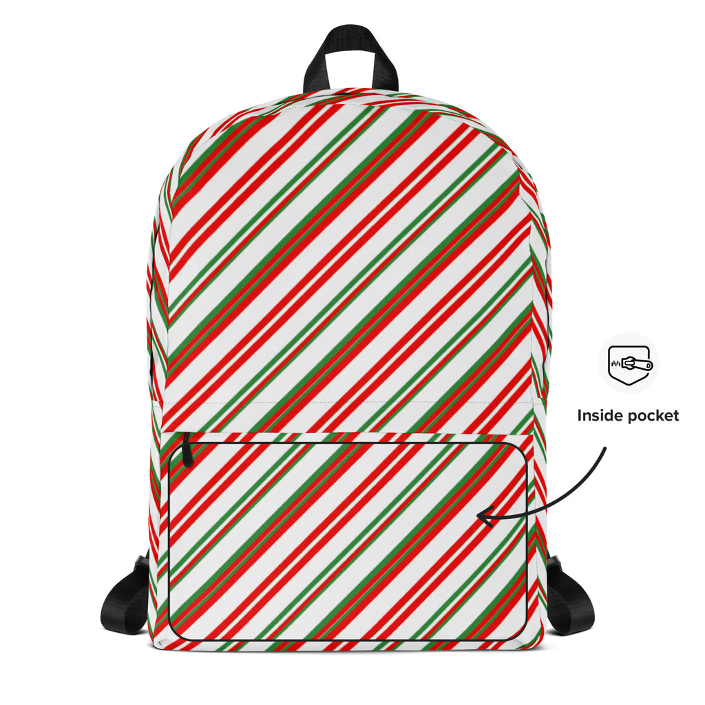 Kids Striped Peppermint Candy Cane Backpack - Water-Resistant School Bag With Adjustable Padded Straps & Breathable Mesh Back
