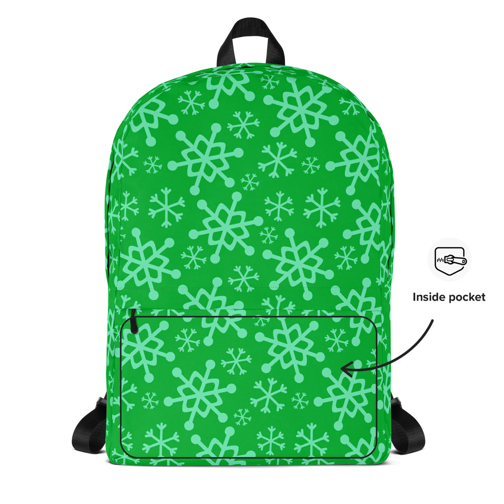 Kids Green Snowflake Backpack - Water-Resistant School Bag With Adjustable Padded Straps & Breathable Mesh Back