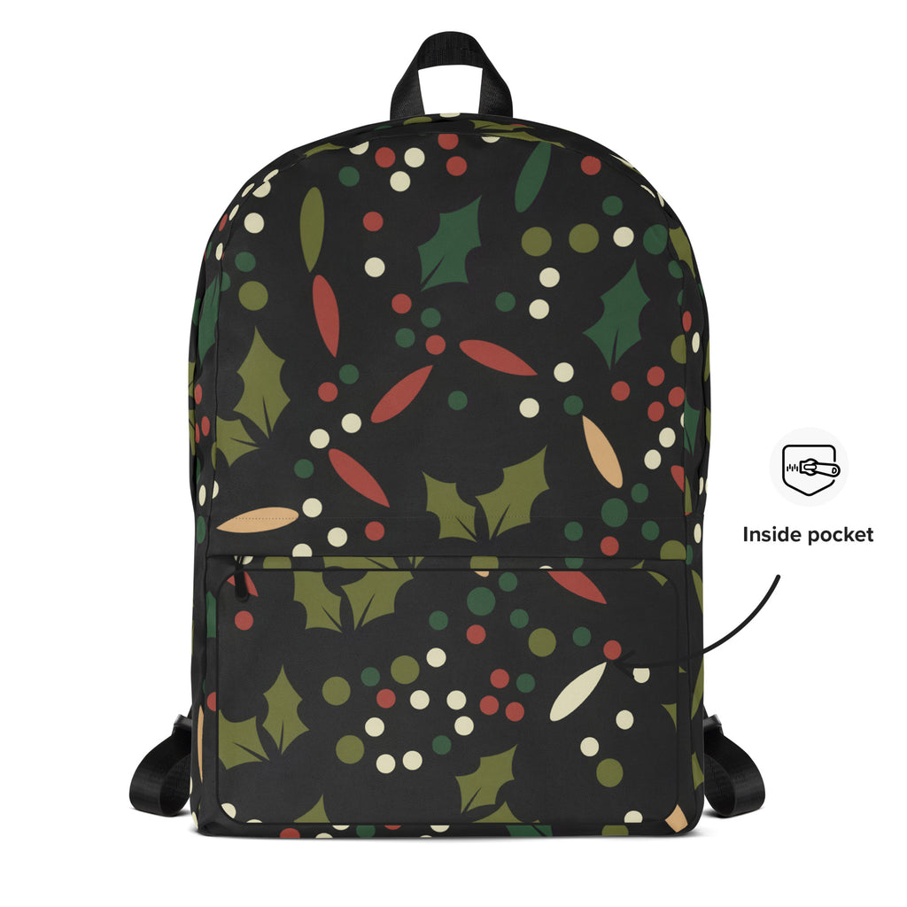 Kids Festive Christmas Holly Backpack - Water-Resistant School Bag With Adjustable Padded Straps & Breathable Mesh Back
