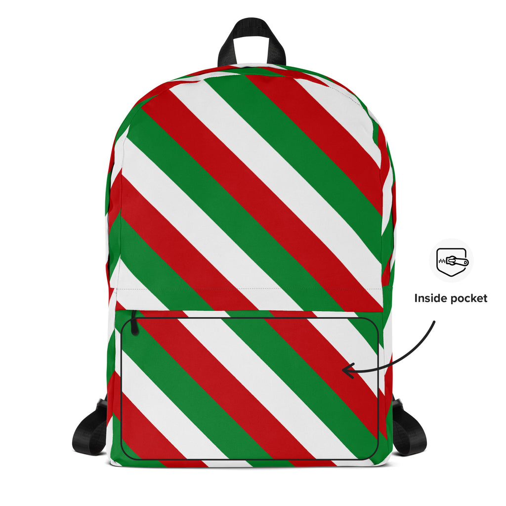 Kids Christmas Candy Cane Stripe Backpack - Water-Resistant School Bag With Adjustable Padded Straps & Breathable Mesh Back
