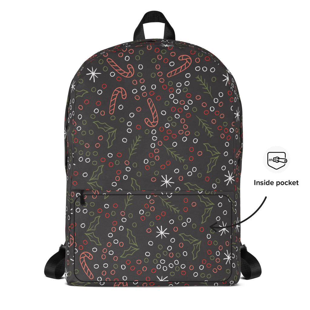 Kids Candy Cane Holly Christmas Backpack - Water-Resistant School Bag With Adjustable Padded Straps & Breathable Mesh Back