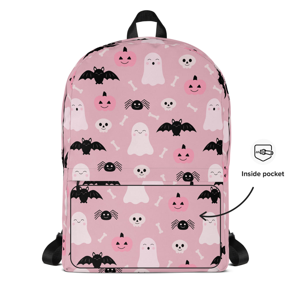 Girls Cute Ghost And Bats Pink Halloween Backpack - Water-Resistant School Bag With Adjustable Padded Straps & Breathable Mesh Back