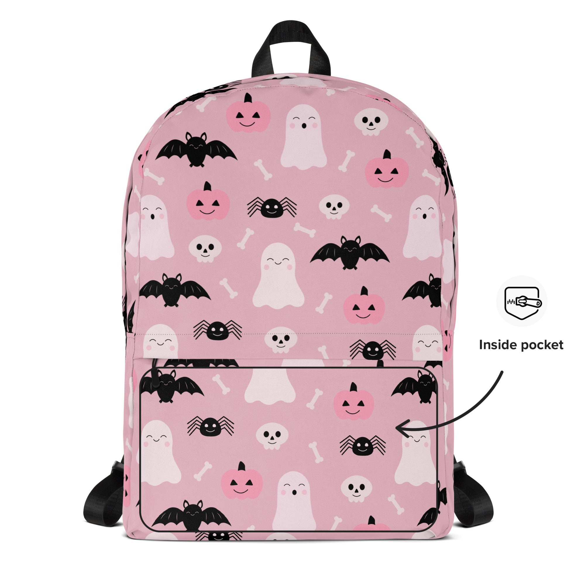 Girls Cute Ghost And Bats Pink Halloween Backpack - Water-Resistant School Bag With Adjustable Padded Straps & Breathable Mesh Back