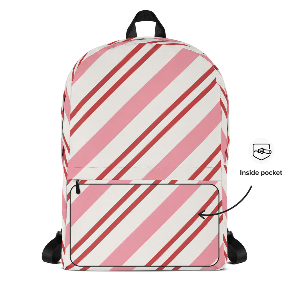 Girls Pink Candy Cane Stripes Christmas Backpack - Water-Resistant School Bag With Adjustable Padded Straps & Breathable Mesh Back