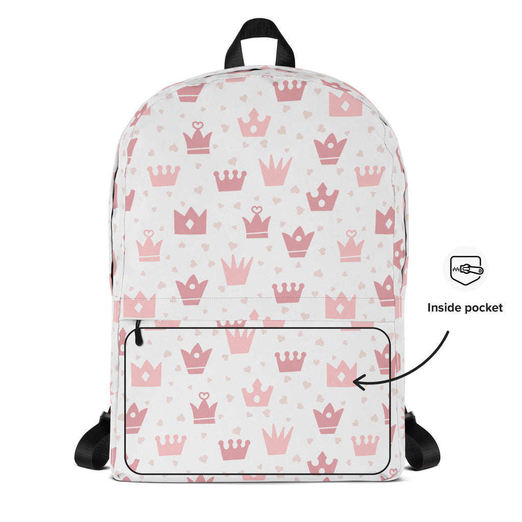 Girls Pink Crowns Backpack - Water-Resistant School Bag With Adjustable Padded Straps & Breathable Mesh Back