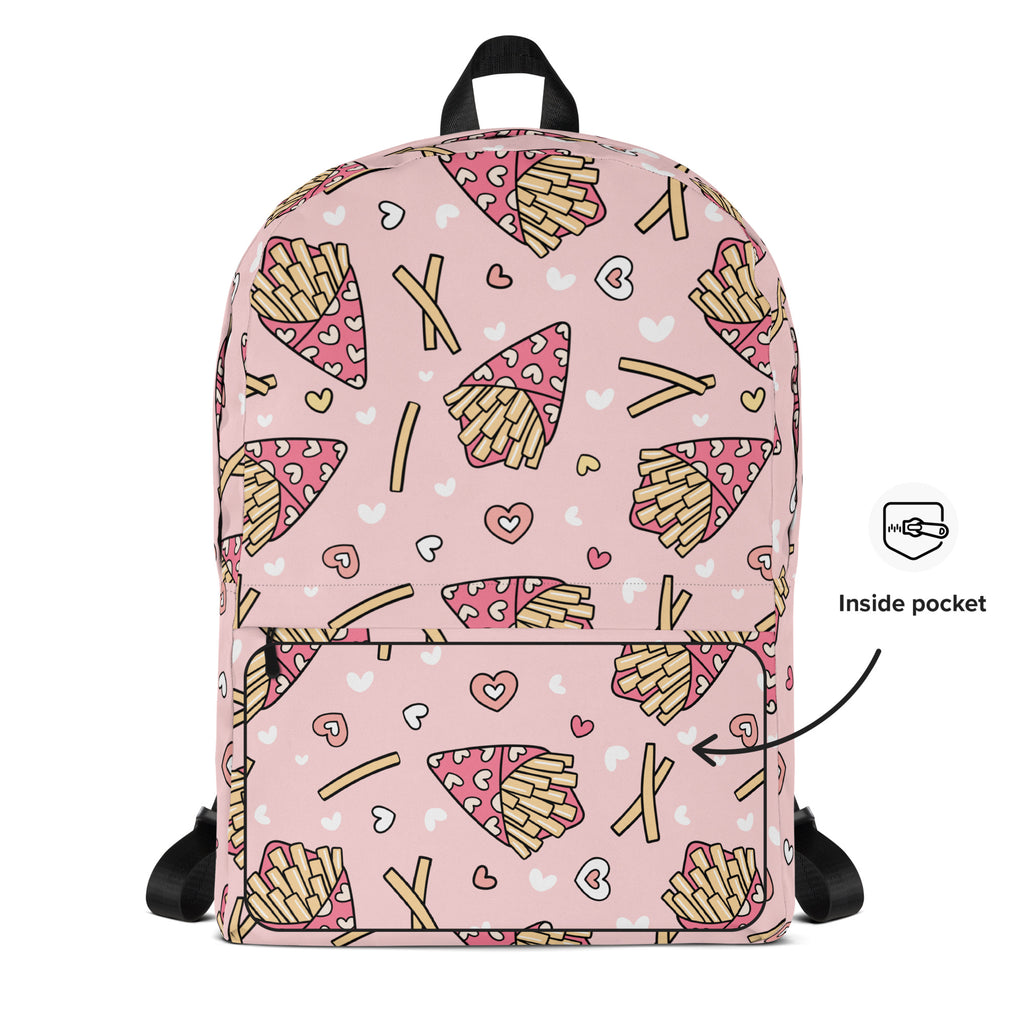 Girls Pink French Fries Backpack - Water-Resistant School Bag With Adjustable Padded Straps & Breathable Mesh Back