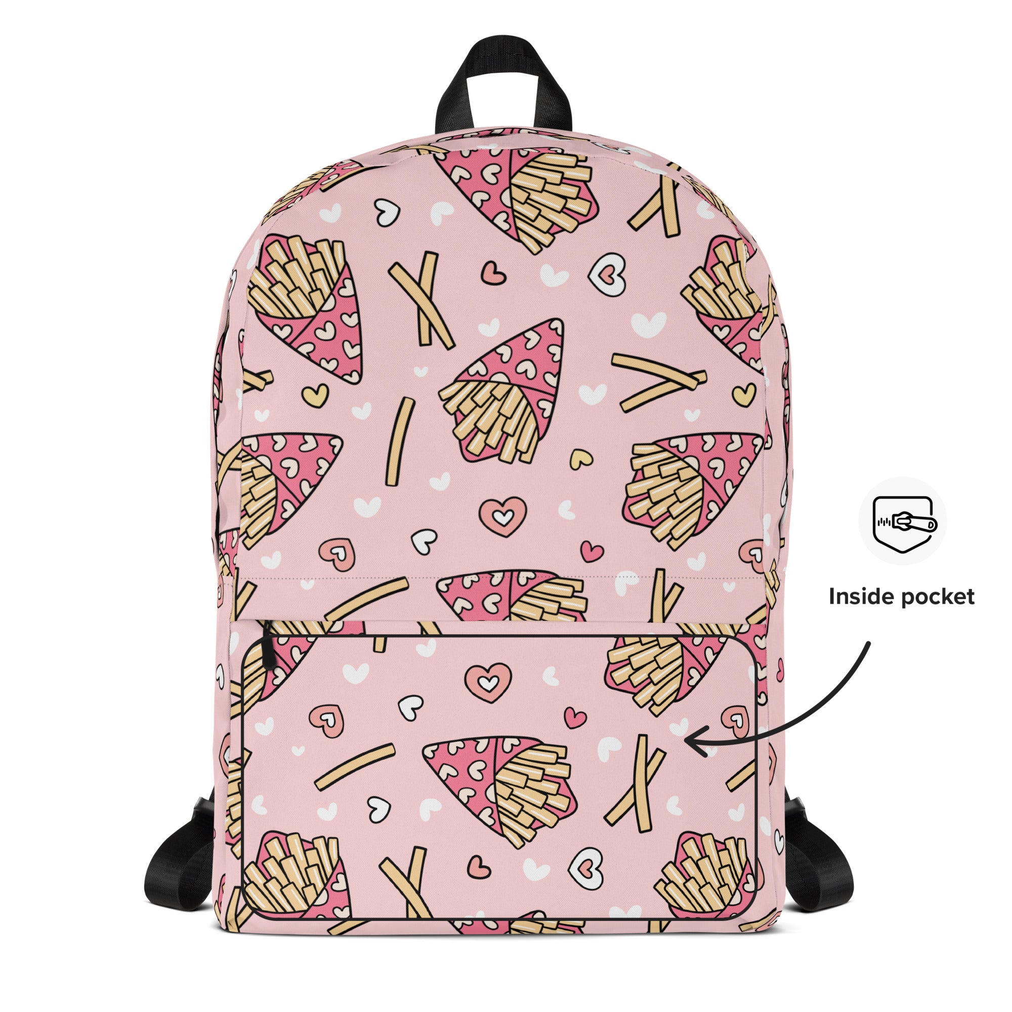 Girls Pink French Fries Backpack - Water-Resistant School Bag With Adjustable Padded Straps & Breathable Mesh Back