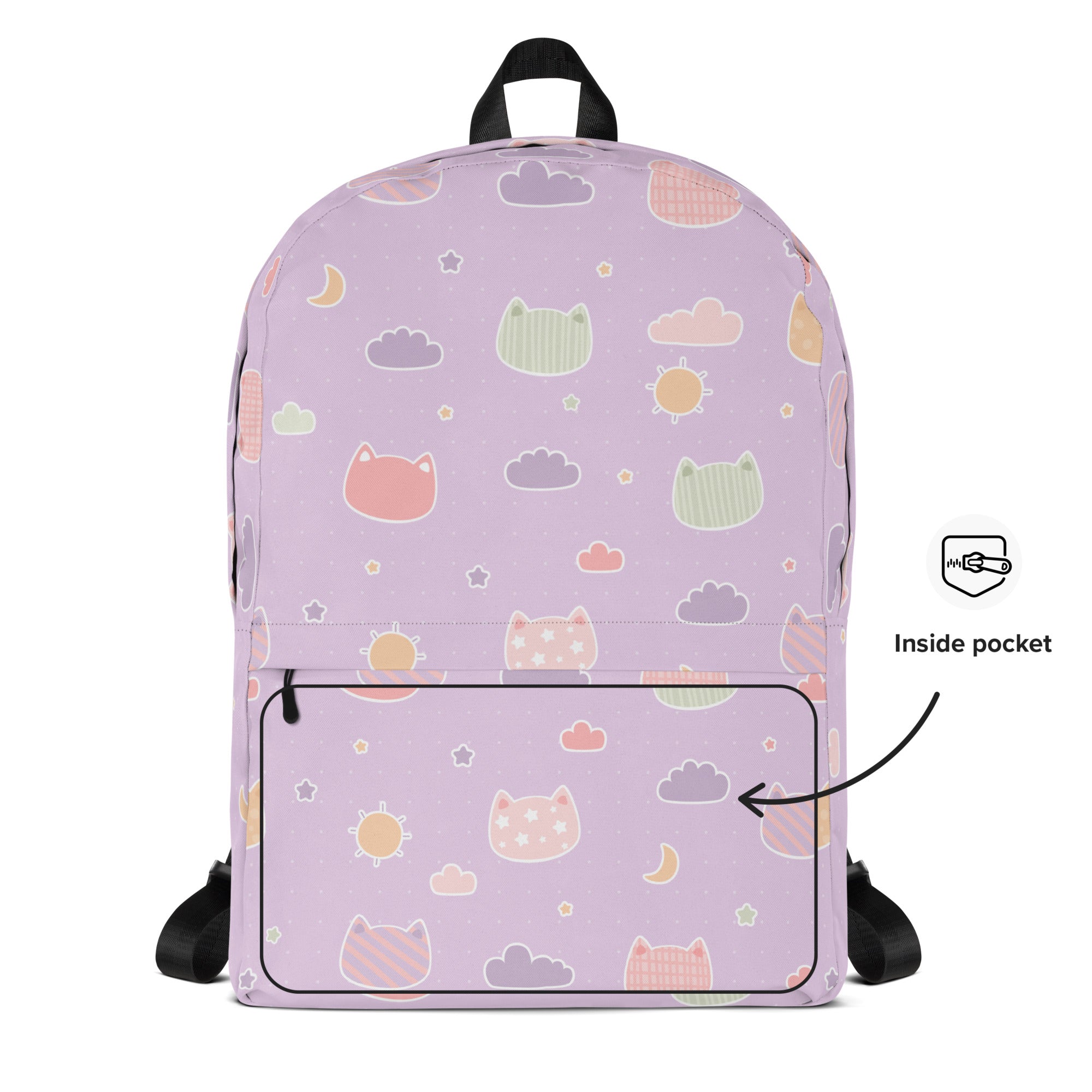 Girls Pastel Purple Kawaii Cats & Clouds Backpack - Water-Resistant School Bag With Adjustable Padded Straps & Breathable Mesh Back