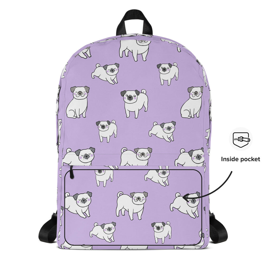 Kids Purple Pug Backpack - Water-Resistant School Bag With Adjustable Padded Straps & Breathable Mesh Back