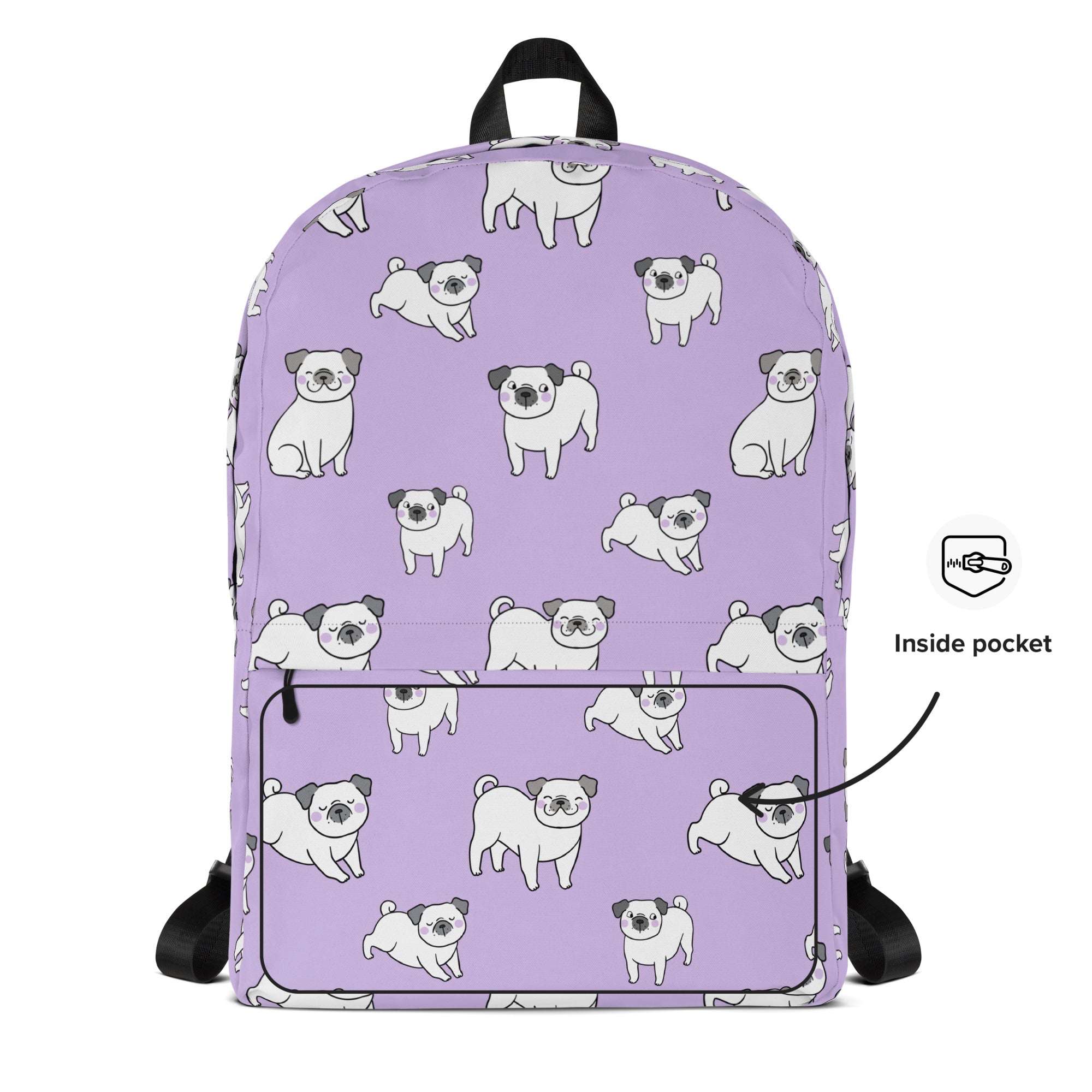 Kids Purple Pug Backpack - Water-Resistant School Bag With Adjustable Padded Straps & Breathable Mesh Back