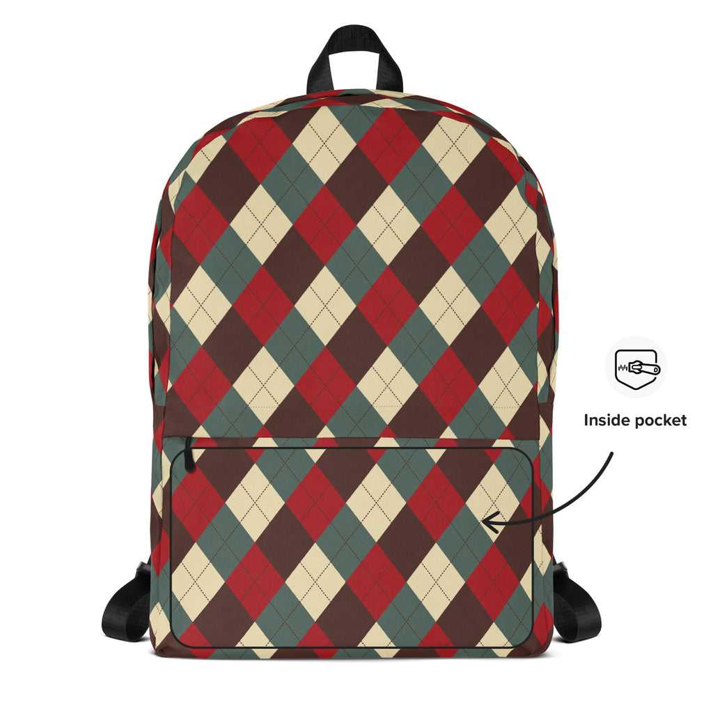 Kids Rustic Argyle Christmas Backpack - Water-Resistant School Bag With Adjustable Padded Straps & Breathable Mesh Back
