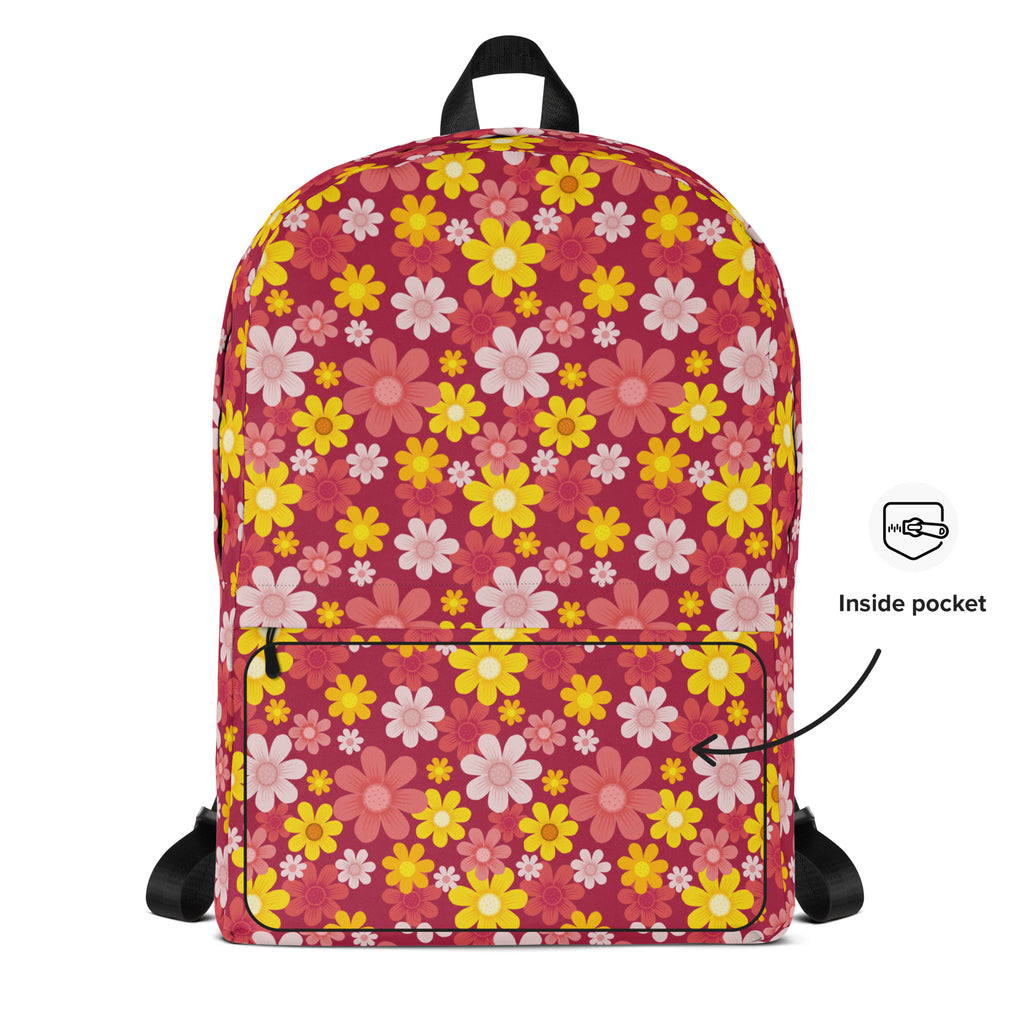 Girls Red Floral Backpack - Water-Resistant School Bag With Adjustable Padded Straps & Breathable Mesh Back
