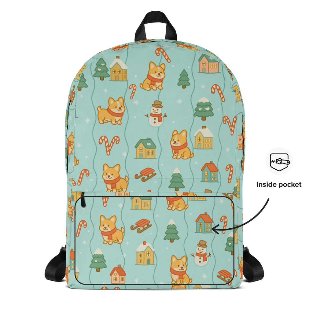 Kids Corgi Winter Winderland Backpack - Water-Resistant School Bag With Adjustable Padded Straps & Breathable Mesh Back