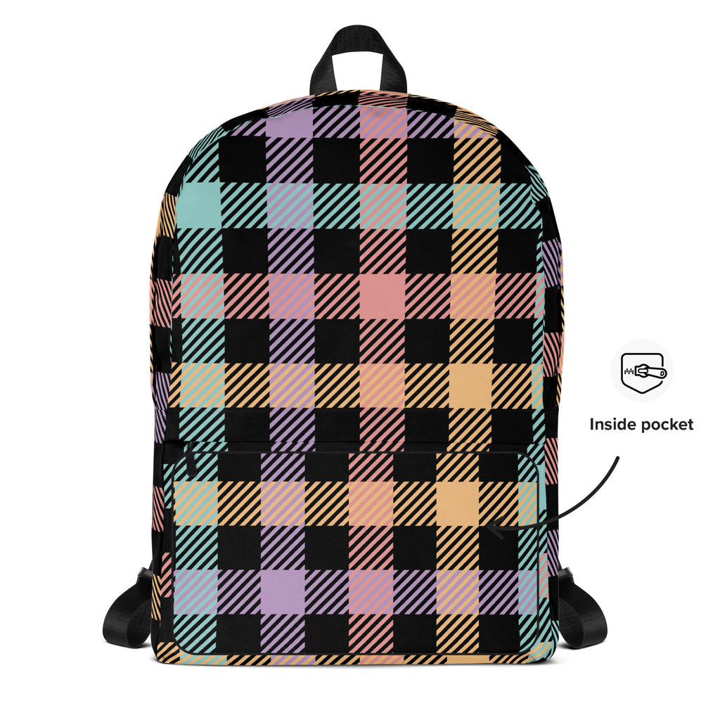 Girls Pastel Rainbow Plaid Backpack - Water-Resistant School Bag With Adjustable Padded Straps & Breathable Mesh Back